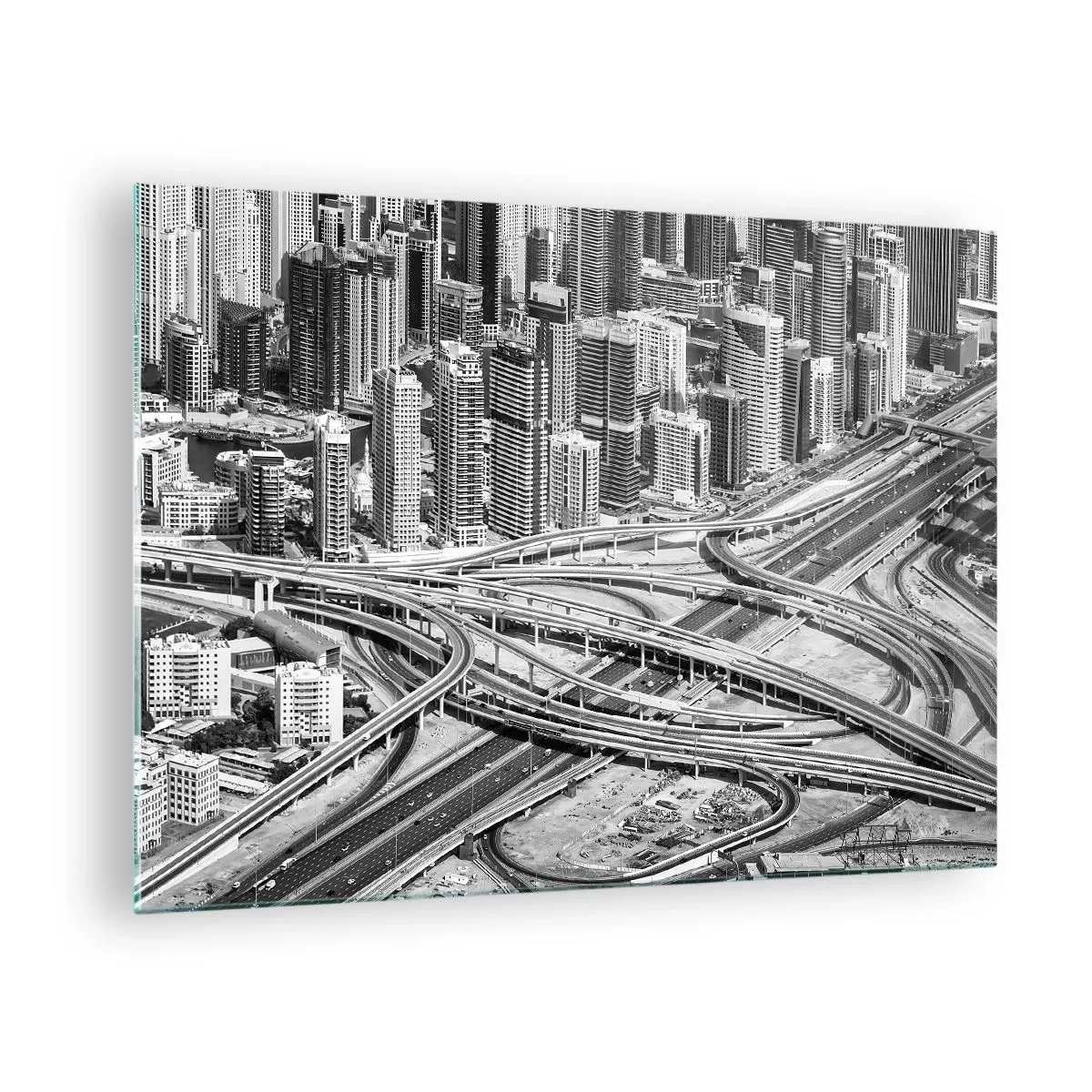 Cuadro sobre vidrio - Impresiones sobre Vidrio - Panorama en blanco y negro de la ciudad con un cruce de autopistas - 70x50cm - Dubái: la ciudad imposible - Decoración de pared moderna para salón y dormitorio ARTTOR