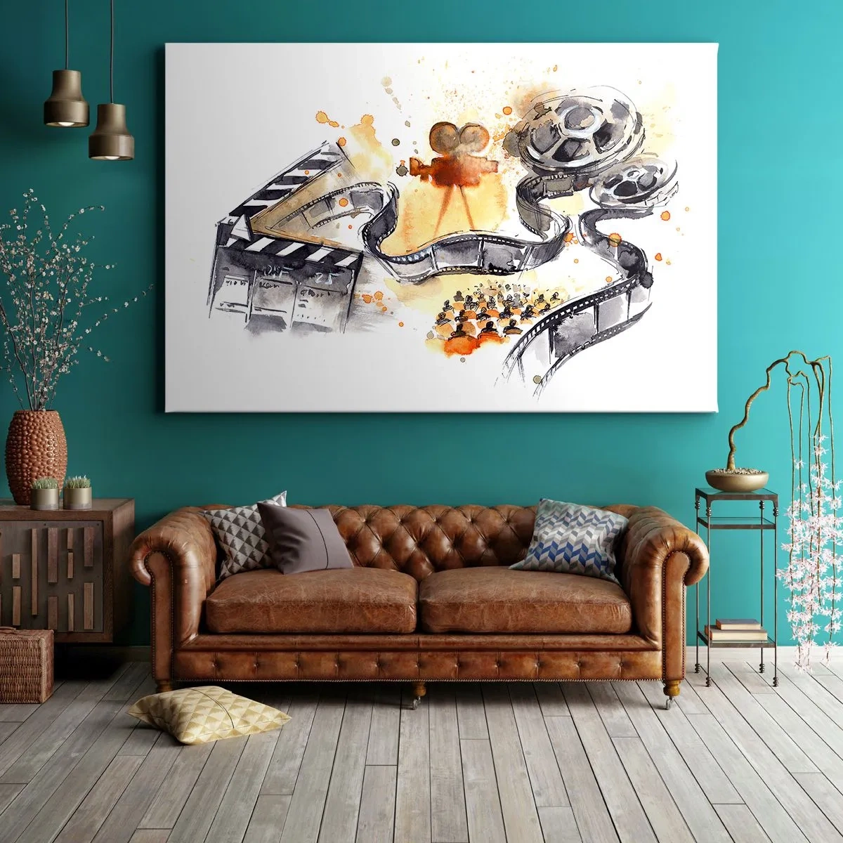 Cuadro sobre lienzo - Impresión de Imagen - El simbolismo del cine con una tira de película en una acuarela artística - 70x50cm - En el país de los sueños - Decoración de pared moderna para salón y dormitorio ARTTOR