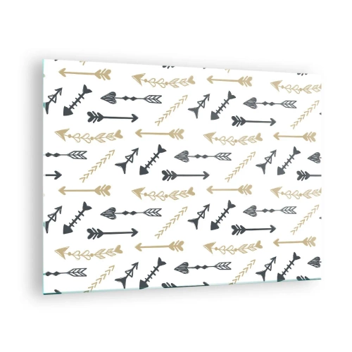 Cuadro sobre vidrio - Impresiones sobre Vidrio - Un patrón de flechas en diferentes colores sobre un fondo blanco. - 70x50cm - El sueño de un arquero - Decoración de pared moderna para salón y dormitorio ARTTOR