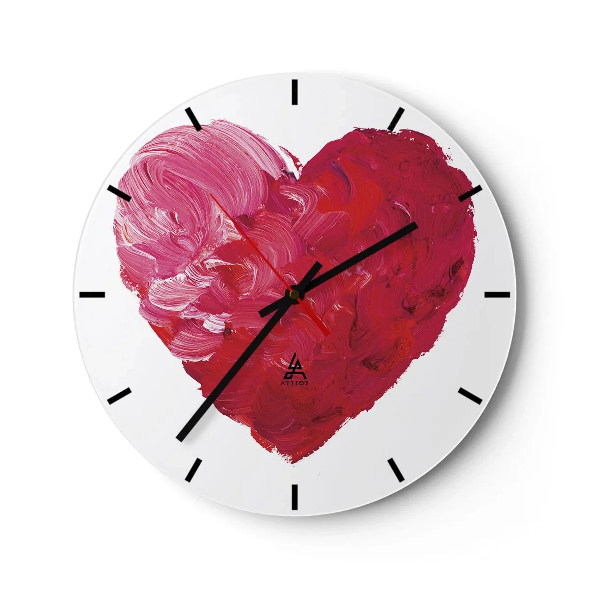 Reloj de pared - Reloj de vidrio - Corazón pintado en tonos rojos y rosas. - 30x30cm - All you need is love - Decoración de pared moderna para salón, cocina y dormitorio ARTTOR
