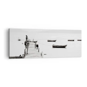 Cuadro sobre lienzo - Impresión de Imagen - Muelle de madera y barcos en aguas tranquilas - 140x50cm - Junto al agua tranquila y clara - Decoración de pared moderna para salón y dormitorio ARTTOR