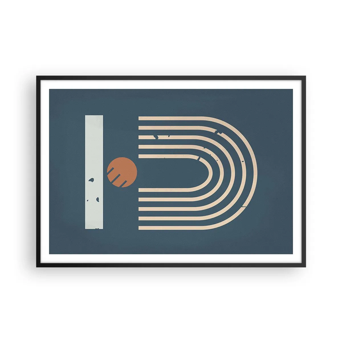 Póster en marco negro - Patrón geométrico en tonos azul marino, beige y naranja sobre un fondo oscuro. - 100x70cm - Geometría sobre azul marino - Decoración de pared moderna para salón y dormitorio ARTTOR
