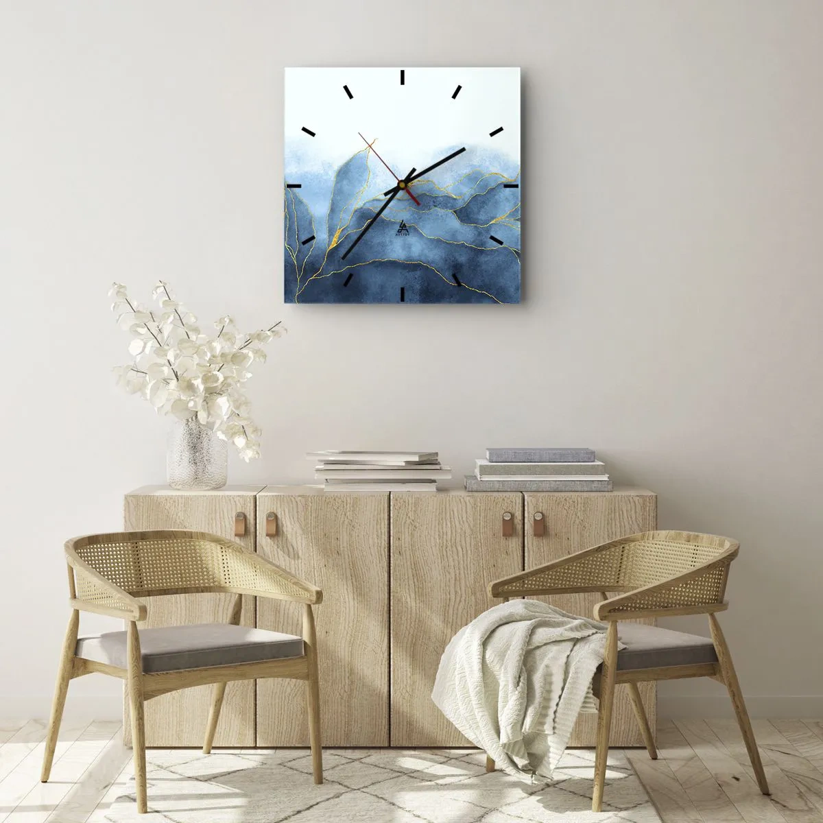 Reloj de pared - Reloj de vidrio - Oro y azul - 40x40 cm