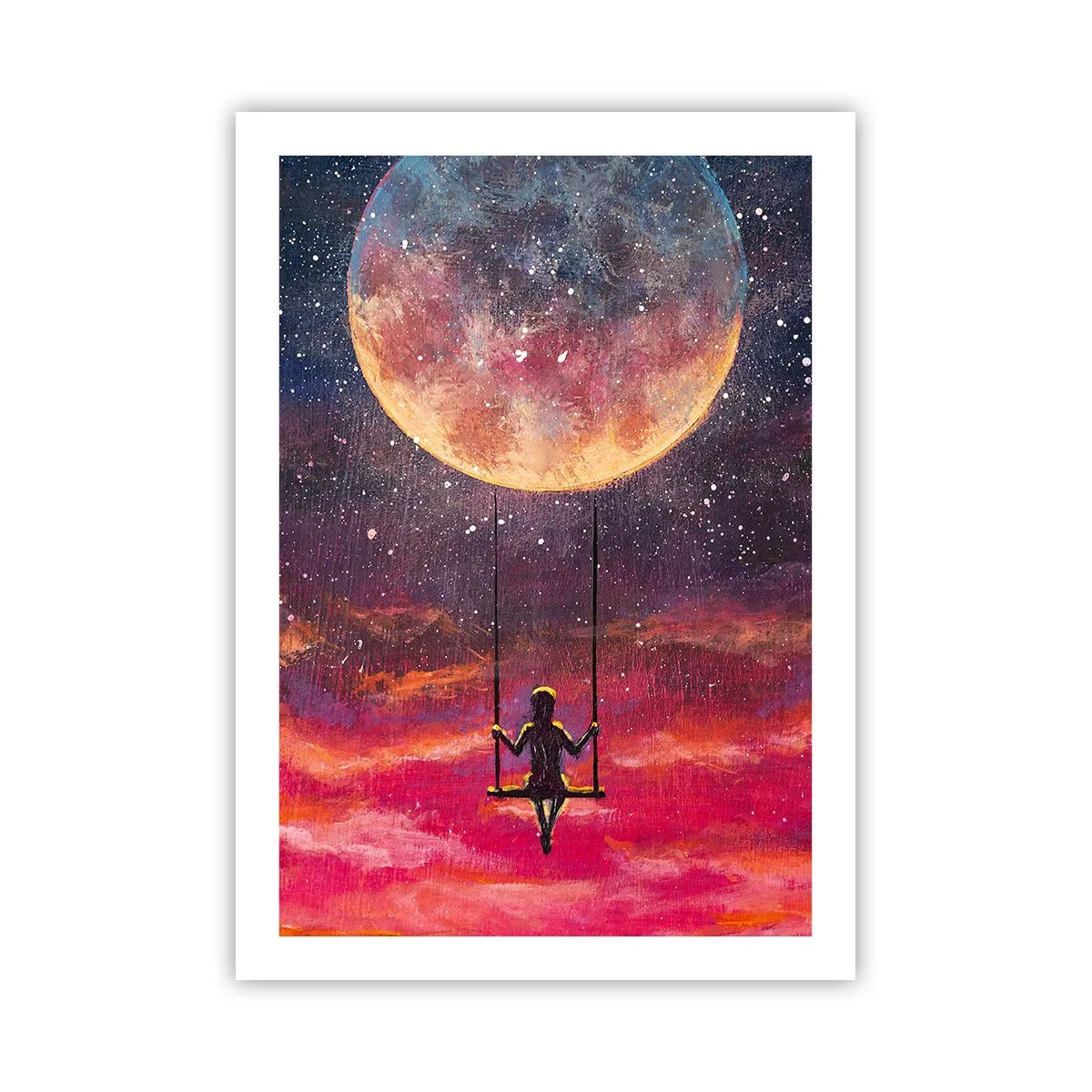 Póster - Niña en un columpio bajo la luna llena - 50x70cm - Disfrutar de las nubes - Decoración de pared moderna para salón y dormitorio ARTTOR