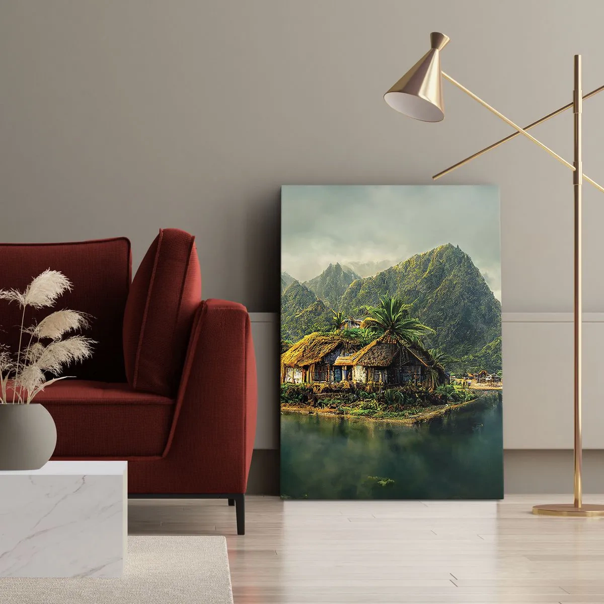 Cuadro sobre lienzo - Impresión de Imagen - Una isla tropical con palmeras y montañas al fondo. - 50x70cm - Paraíso tropical - Decoración de pared moderna para salón y dormitorio ARTTOR