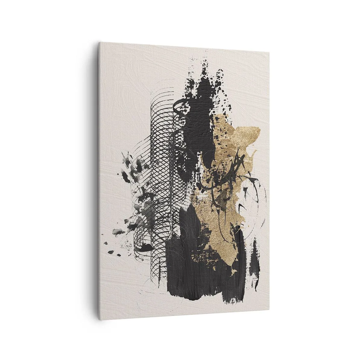 Cuadro sobre lienzo - Impresión de Imagen - Una pintura abstracta en negro y dorado con líneas y estructuras dinámicas. - 70x100cm - Composición con pasión - Decoración de pared moderna para salón y dormitorio ARTTOR