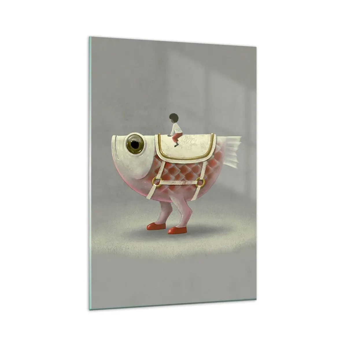 Cuadro sobre vidrio - Impresiones sobre Vidrio - Un elegante jinete de pez con piernas y silla de montar. - 80x120cm - Jinete del pescado - Decoración de pared moderna para salón y dormitorio ARTTOR