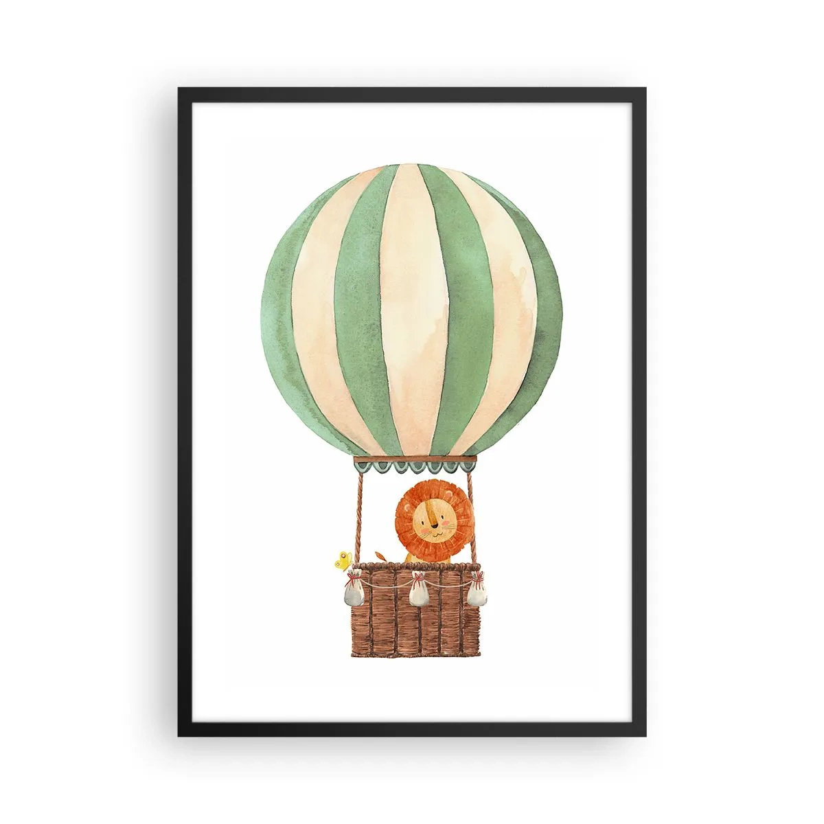 Póster en marco negro - Una hermosa ilustración en acuarela de un león viajando en un globo aerostático sobre un fondo blanco. - 50x70cm - Los viajes del león - Decoración de pared moderna para salón y dormitorio ARTTOR