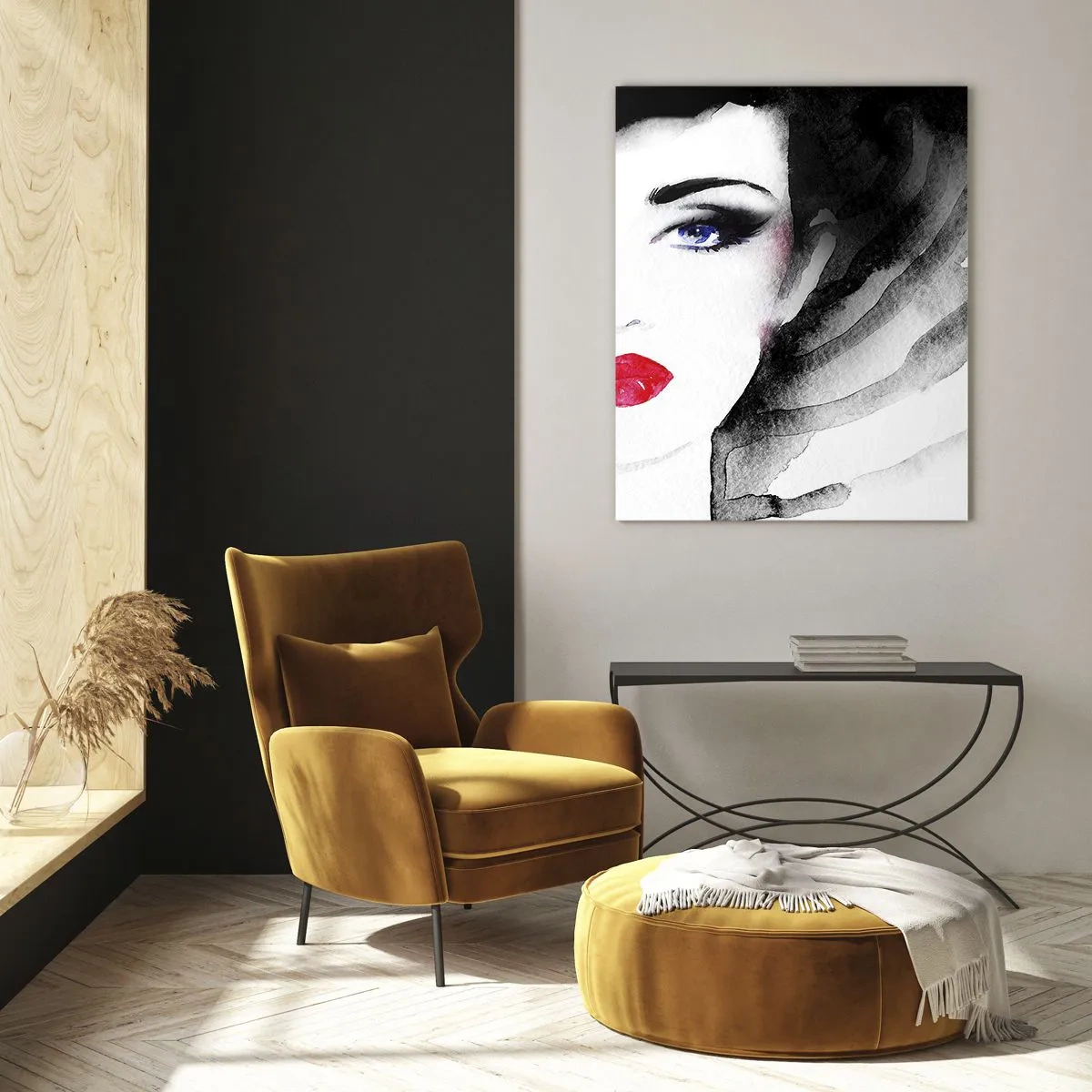 Cuadro sobre vidrio - Impresiones sobre Vidrio - Retrato de una mujer con labios rojos expresivos y un sombrero negro. - 50x70cm - Lenguaje no verbal - Decoración de pared moderna para salón y dormitorio ARTTOR