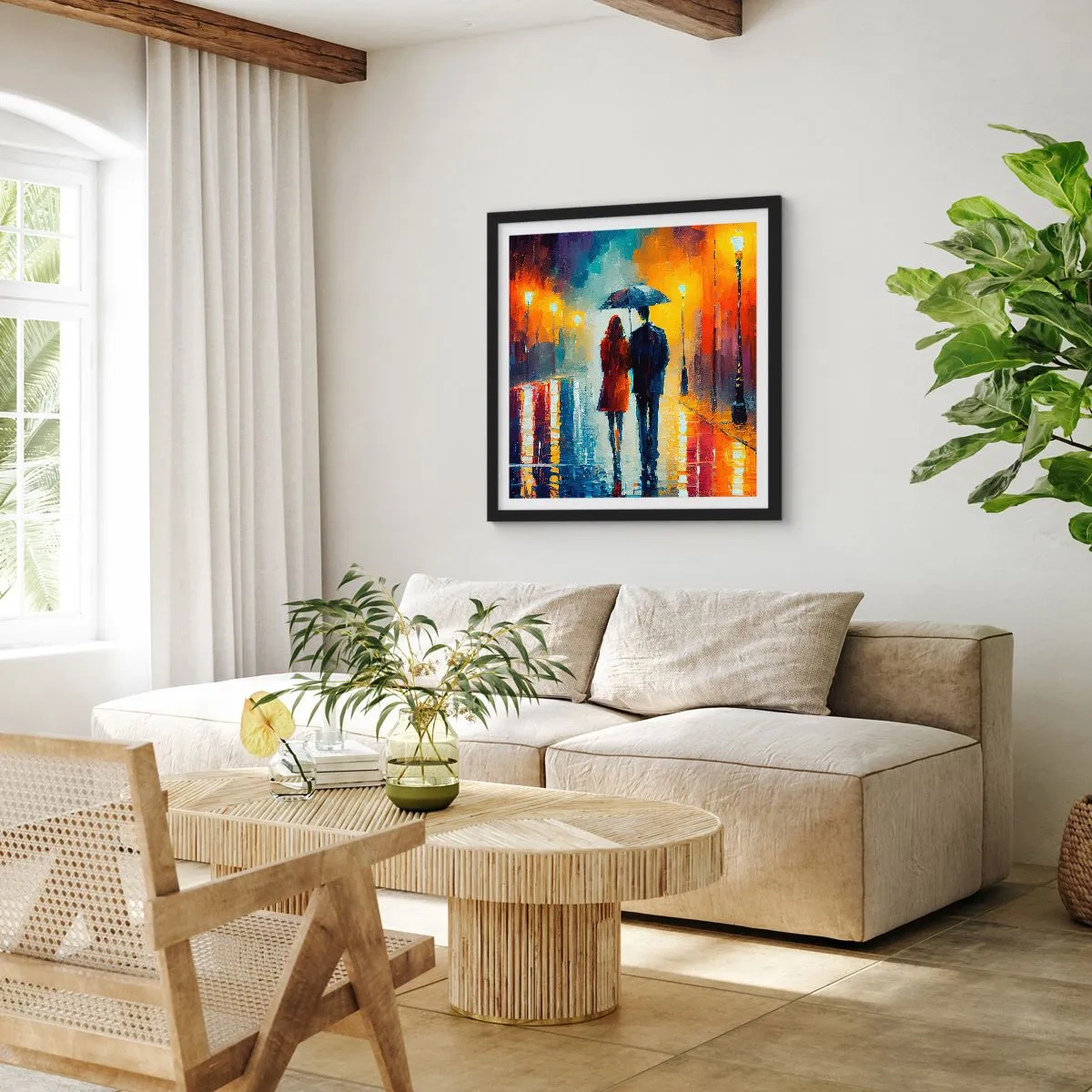 Póster en marco negro - Juntos en una noche llena de color - 40x40 cm