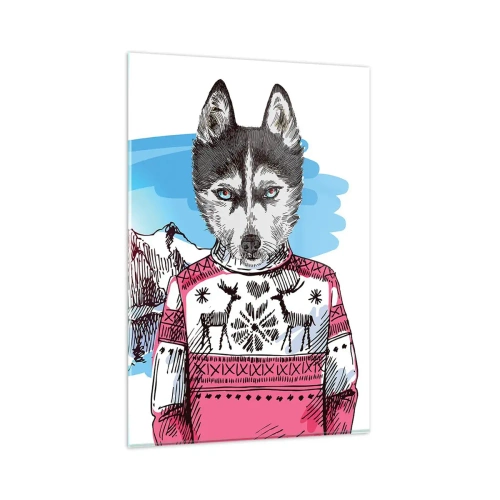 Cuadro sobre vidrio - Impresiones sobre Vidrio - Un lobo con un suéter de invierno frente a un paisaje montañoso. - 80x120cm - Un lobo con piel de cordero - Decoración de pared moderna para salón y dormitorio ARTTOR