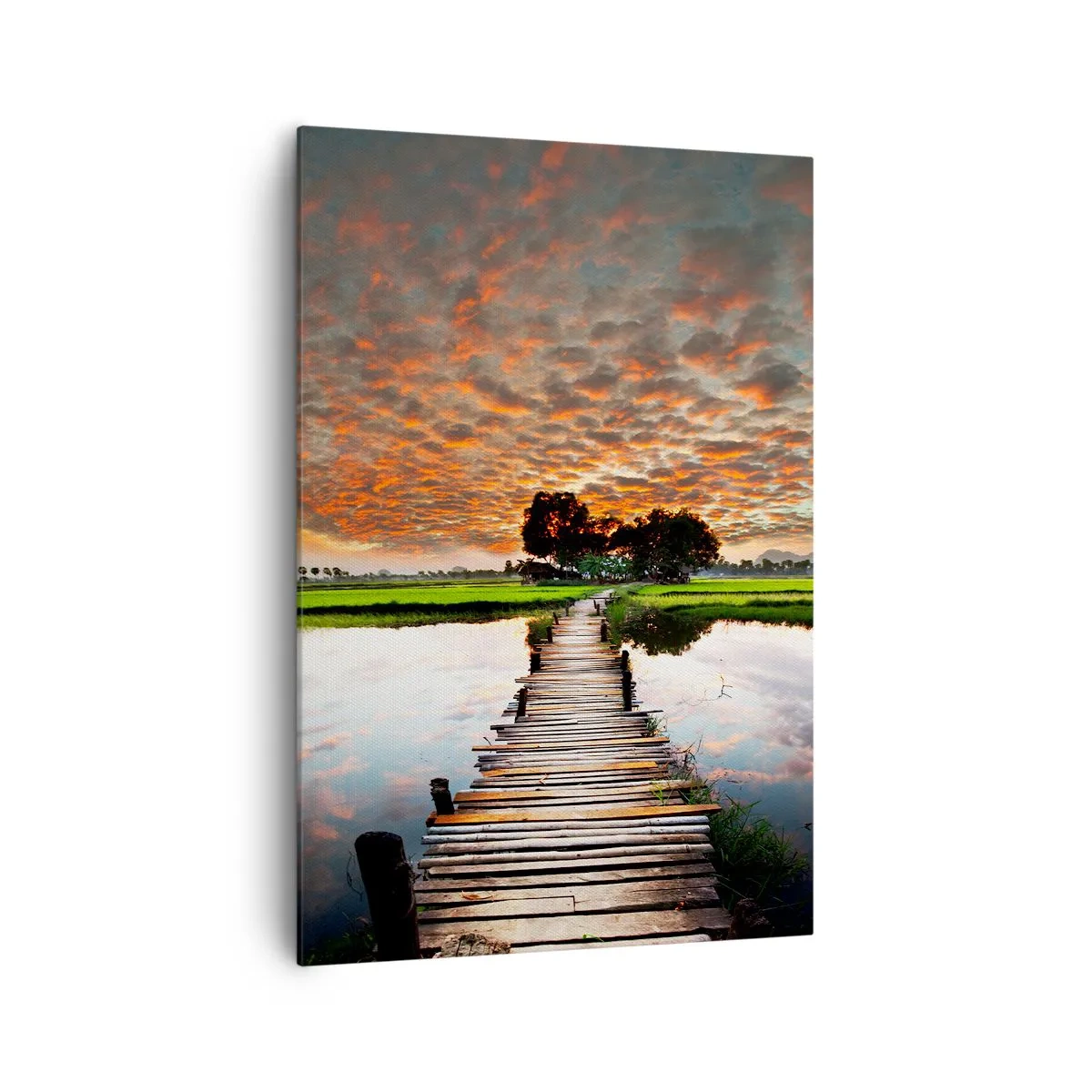 Cuadro sobre lienzo - Impresión de Imagen - Puente de madera sobre el agua al atardecer - 70x100cm - Extiende tus brazos - respira  - Decoración de pared moderna para salón y dormitorio ARTTOR