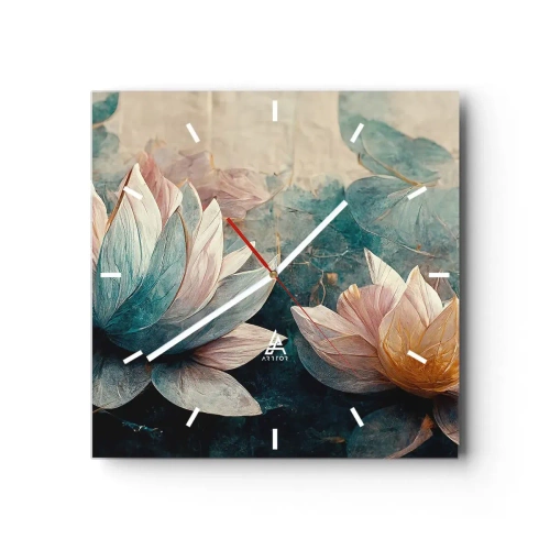 Reloj de pared - Reloj de vidrio - Nenúfares sutiles en tonos pastel de azul y dorado. - 30x30cm - Estrellas de lago - Decoración de pared moderna para salón y dormitorio ARTTOR