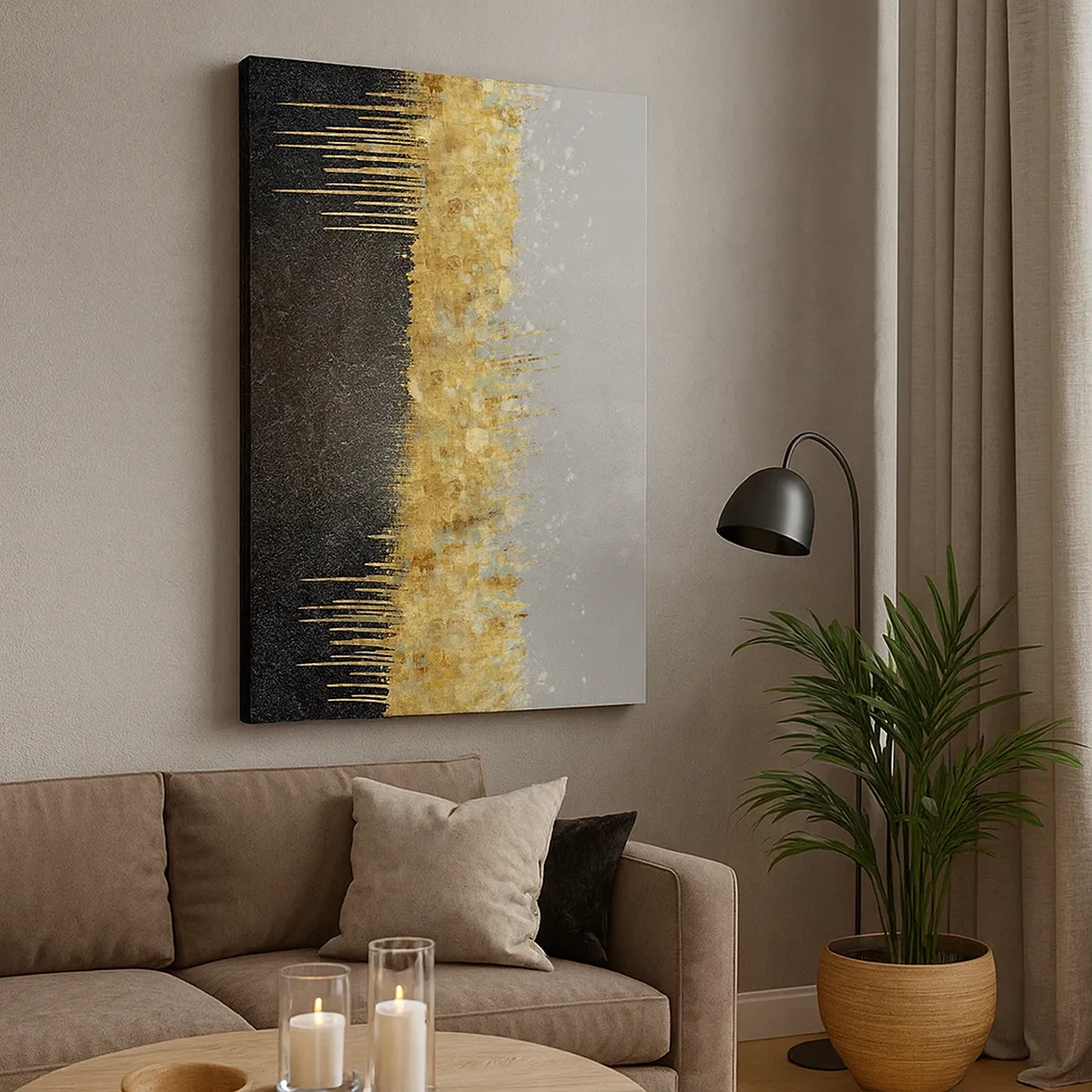 Cuadro sobre lienzo - Impresión de Imagen - Composición abstracta en tonos dorados y negros. - 50x70cm - Hacia arriba y hacia abajo - Decoración de pared moderna para salón y dormitorio ARTTOR