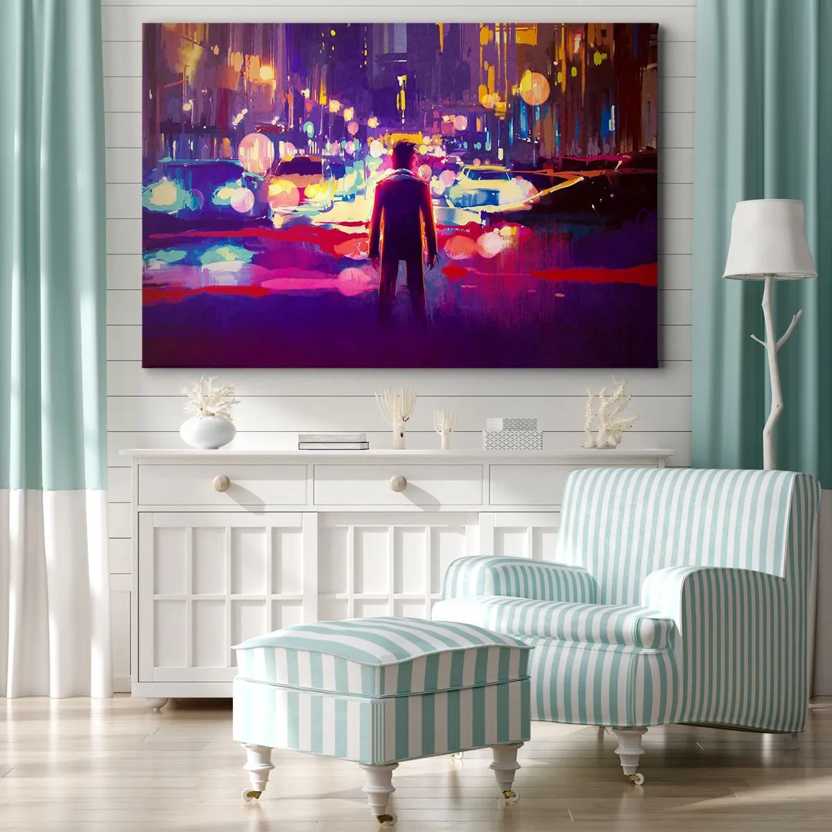 Cuadro sobre lienzo - Impresión de Imagen - Un hombre en una escena nocturna de la ciudad de neón. - 70x50cm - Inmerso en la luz - Decoración de pared moderna para salón y dormitorio ARTTOR