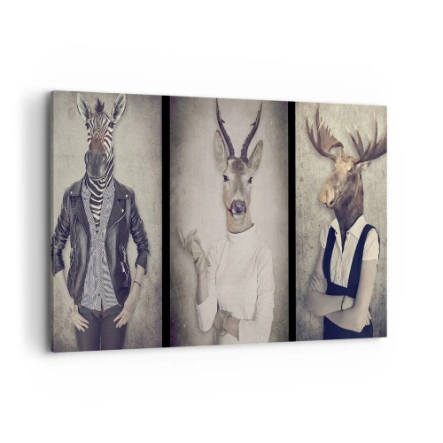 Cuadro sobre lienzo - Impresión de Imagen - Un tríptico con figuras de animales con ropa humana sobre un fondo artístico. - 100x70cm - Que los gestos hablen - Decoración de pared moderna para salón y dormitorio ARTTOR