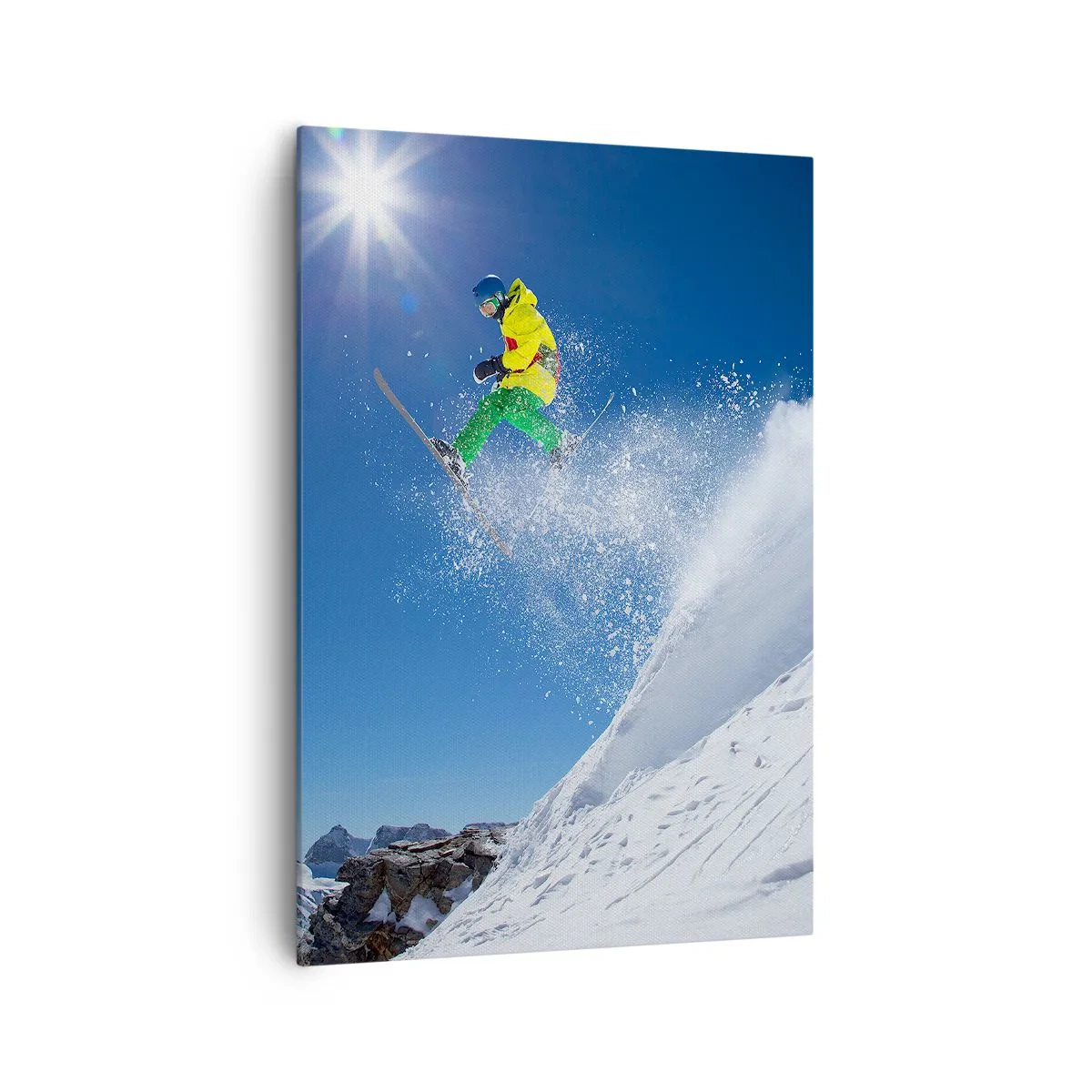 Cuadro sobre lienzo - Impresión de Imagen - Esquiador en el aire con montañas al fondo - 70x100cm - Bailando con las montañas - Decoración de pared moderna para salón y dormitorio ARTTOR