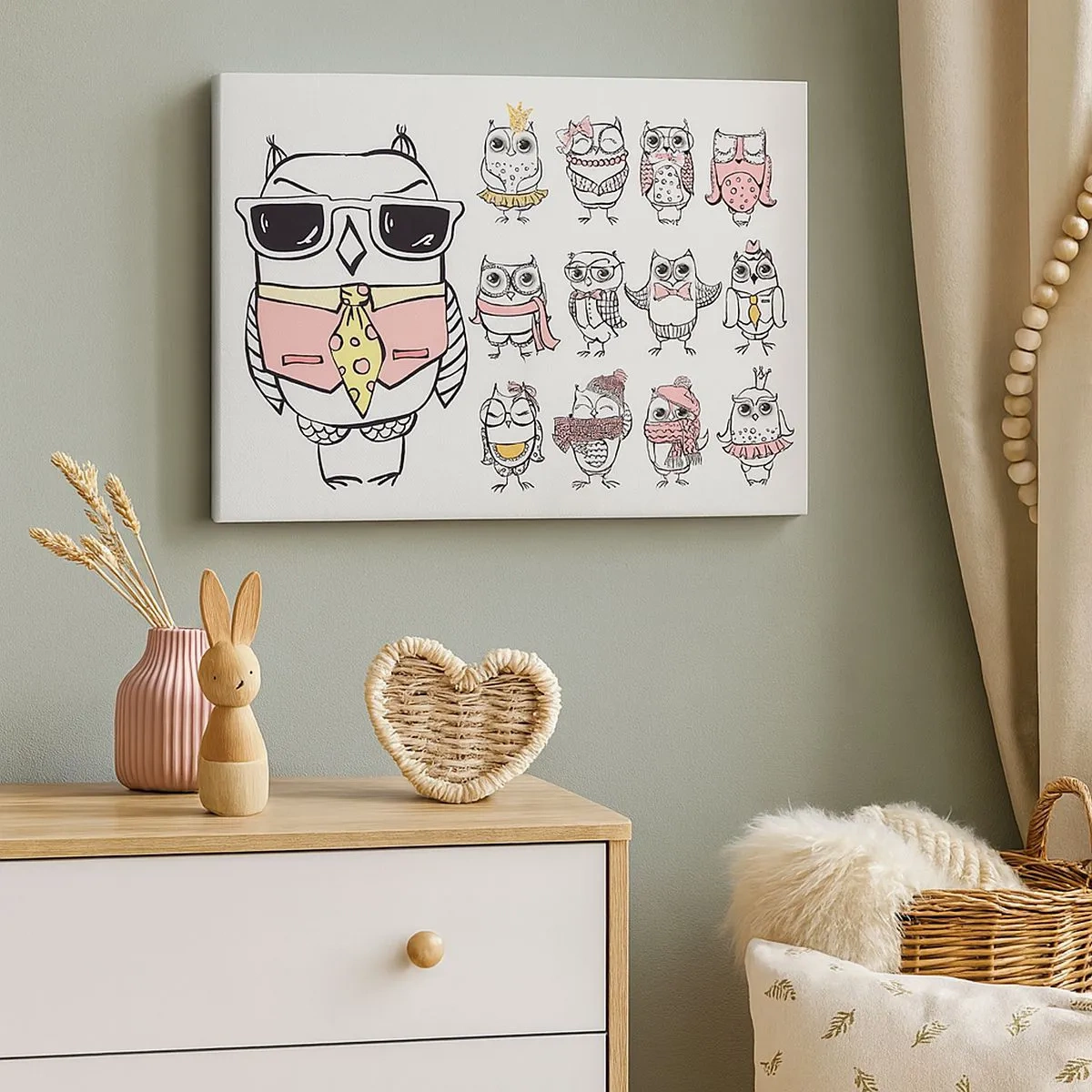 Cuadro sobre lienzo - Impresión de Imagen - Búhos en diferentes estilos y ropas. - 70x50cm - Tantos papeles que desempeñar - Decoración de pared moderna para salón y dormitorio ARTTOR