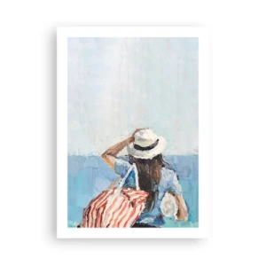 Póster - Una mujer con sombrero mirando al mar. - 50x70cm - Bienvenida a tus vacaciones - Decoración de pared moderna para salón y dormitorio ARTTOR