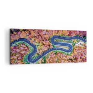 Cuadro sobre lienzo - Impresión de Imagen - Un camino sinuoso en un bosque otoñal visto a vista de pájaro - 120x50cm - Un camino sinuoso a través del bosque - Decoración de pared moderna para salón y dormitorio ARTTOR