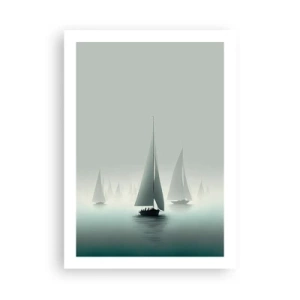 Póster - Un grupo de veleros navegando en un mar brumoso, rodeado de aguas tranquilas. - 50x70cm - Día de niebla en alta mar - Decoración de pared moderna para salón y dormitorio ARTTOR