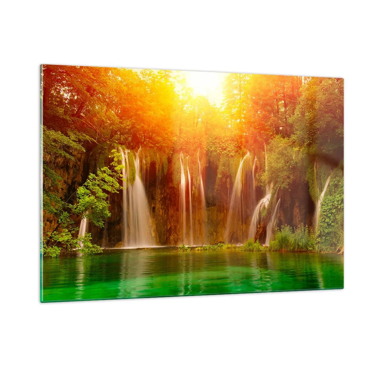 Cuadro sobre vidrio - Impresiones sobre Vidrio - Cascadas en un bosque soleado con agua turquesa. - 120x80cm - Sol y sombra - Decoración de pared moderna para salón y dormitorio ARTTOR