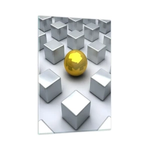 Cuadro sobre vidrio - Impresiones sobre Vidrio - Una esfera dorada que destaca entre los cubos plateados. - 80x120cm - ¿Por qué yo? Composición geométrica - Decoración de pared moderna para salón y dormitorio ARTTOR