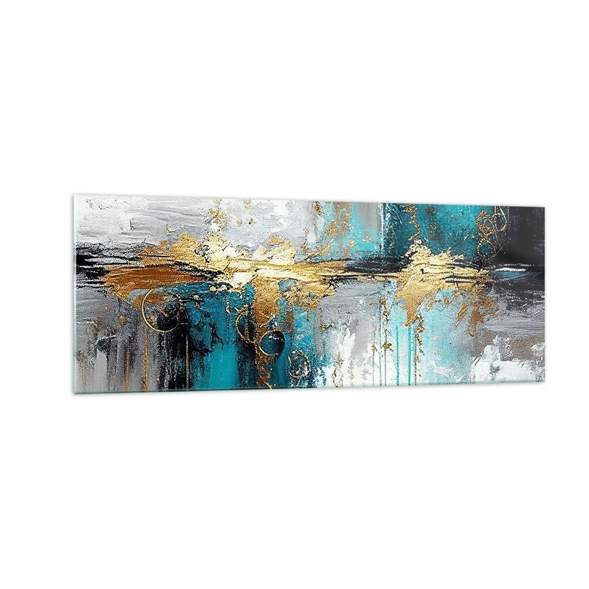 Cuadro sobre vidrio - Impresiones sobre Vidrio - Una composición abstracta con acentos turquesa y dorado. - 140x50cm - Todo fluye - Decoración de pared moderna para salón y dormitorio ARTTOR