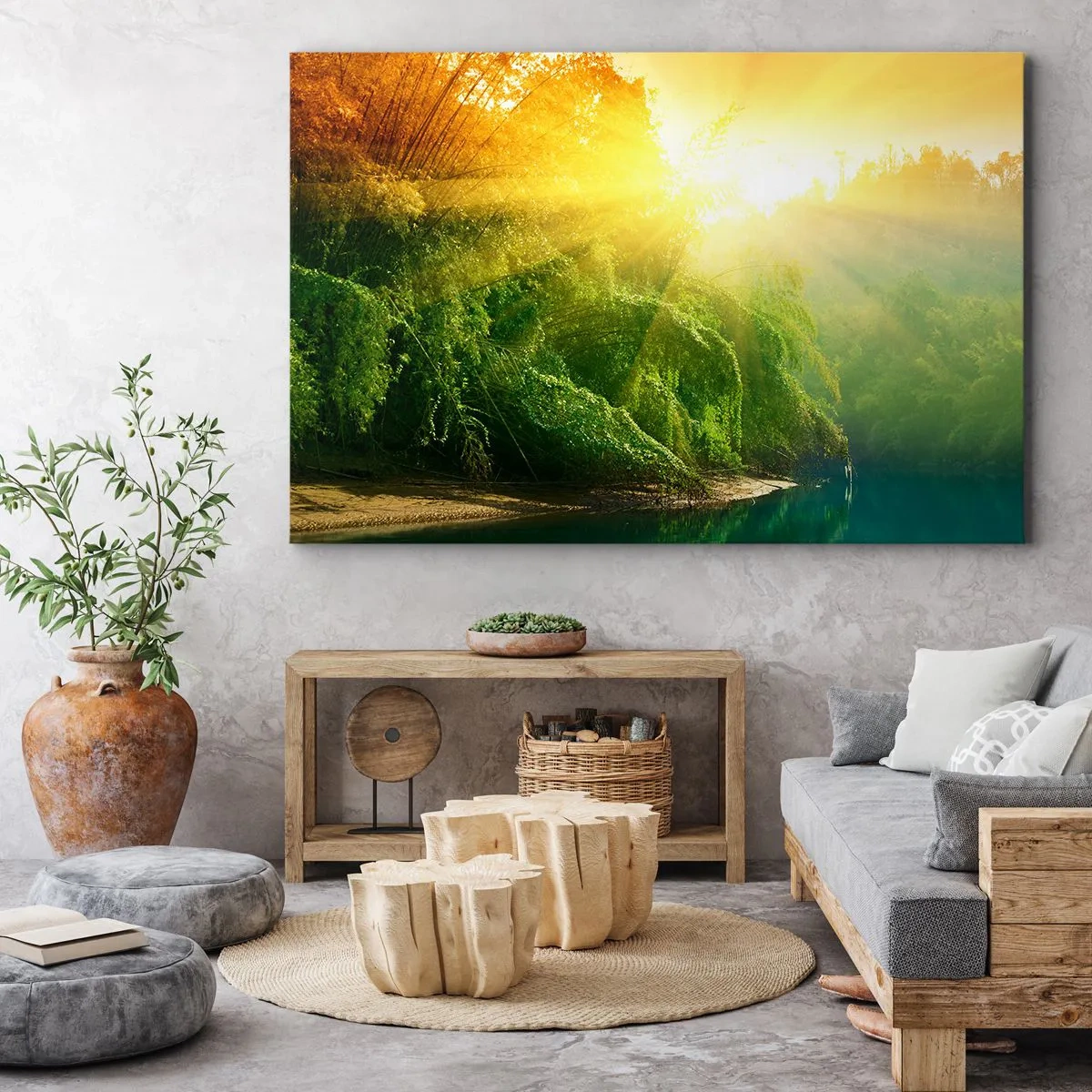 Cuadro sobre lienzo - Impresión de Imagen - Un bosque verde junto al río, iluminado por los rayos del sol naciente. - 70x50cm - Ahogarse en el sol y la sombra - Decoración de pared moderna para salón y dormitorio ARTTOR