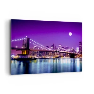 Cuadro sobre lienzo - Impresión de Imagen - Puente de Brooklyn de noche con la ciudad iluminada y luna llena - 120x80cm - Las luces de una gran ciudad en púrpura - Decoración de pared moderna para salón y dormitorio ARTTOR