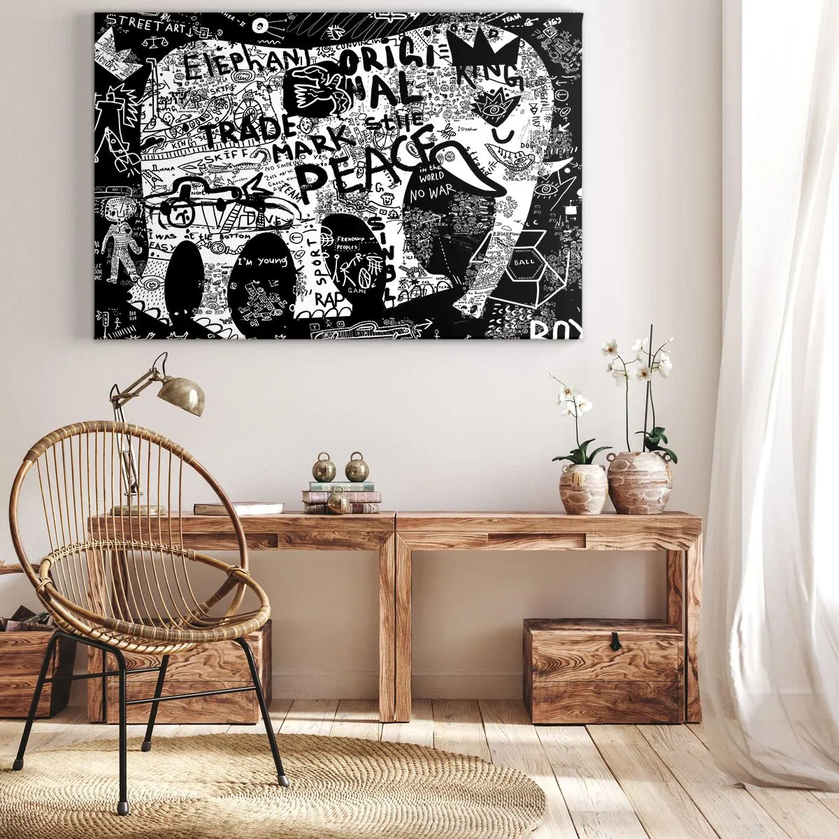 Cuadro sobre lienzo - Impresión de Imagen - Gráficos en blanco y negro con motivos de grafiti. - 100x70cm - El rico mundo de la calle - Decoración de pared moderna para salón y dormitorio ARTTOR