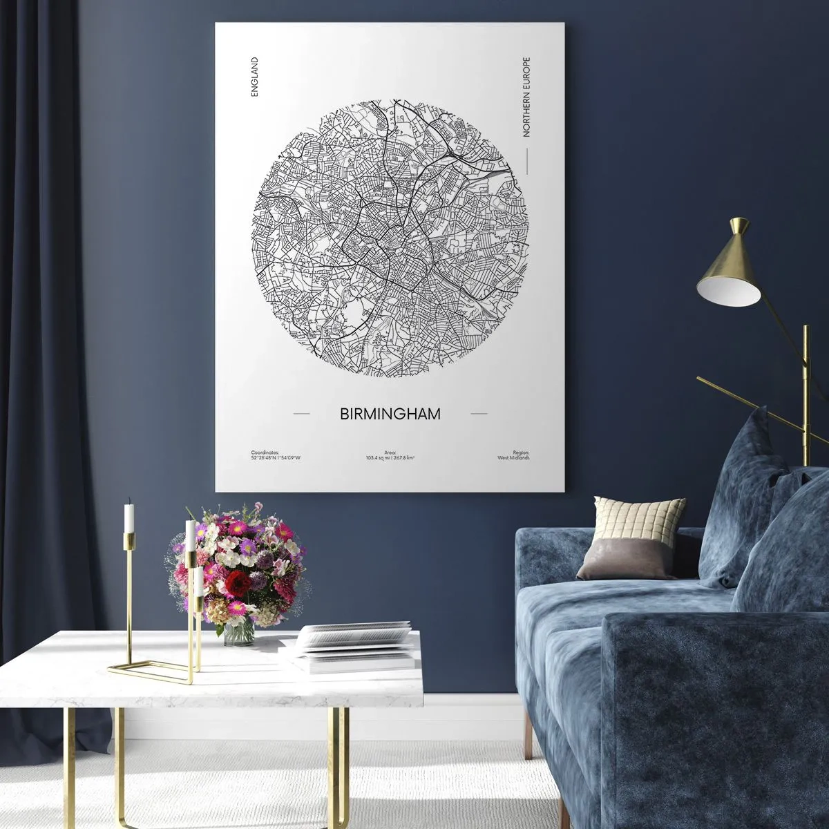 Cuadro sobre vidrio - Impresiones sobre Vidrio - Mapa en blanco y negro de Birmingham en un estilo gráfico moderno - 50x70cm - Anatomía de Birmingham - Decoración de pared moderna para salón y dormitorio ARTTOR