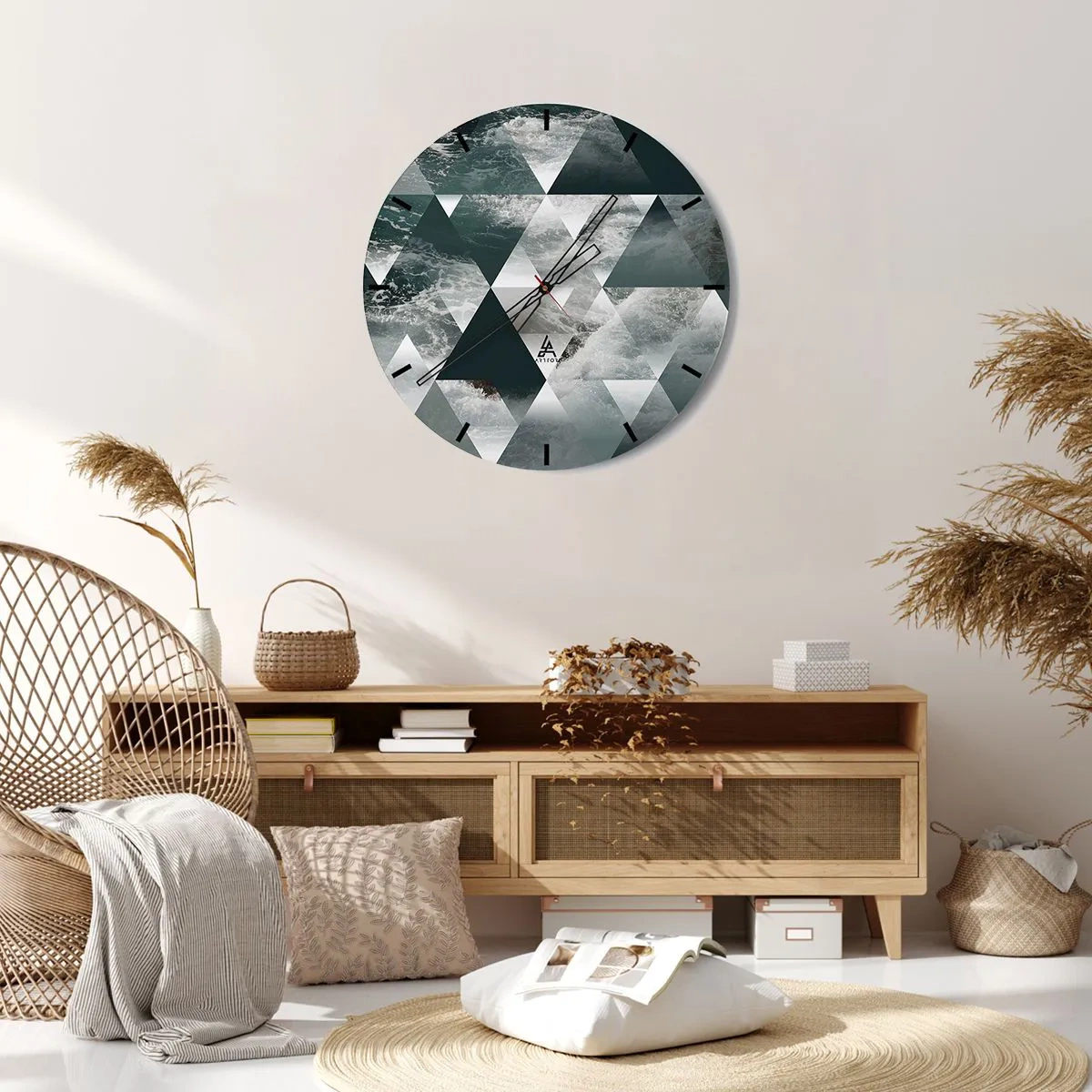 Reloj de pared - Reloj de vidrio - Triángulos geométricos con un motivo de océano tormentoso - 30x30cm - Una perspectiva de cristal - Decoración de pared moderna para salón, cocina y dormitorio ARTTOR