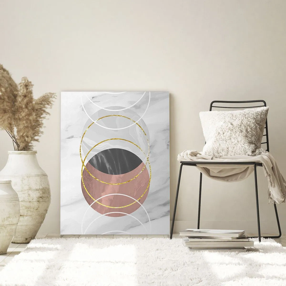 Cuadro sobre vidrio - Impresiones sobre Vidrio - Composición geométrica abstracta con círculos y detalles metálicos. - 70x100cm - Música de las esferas - Decoración de pared moderna para salón y dormitorio ARTTOR