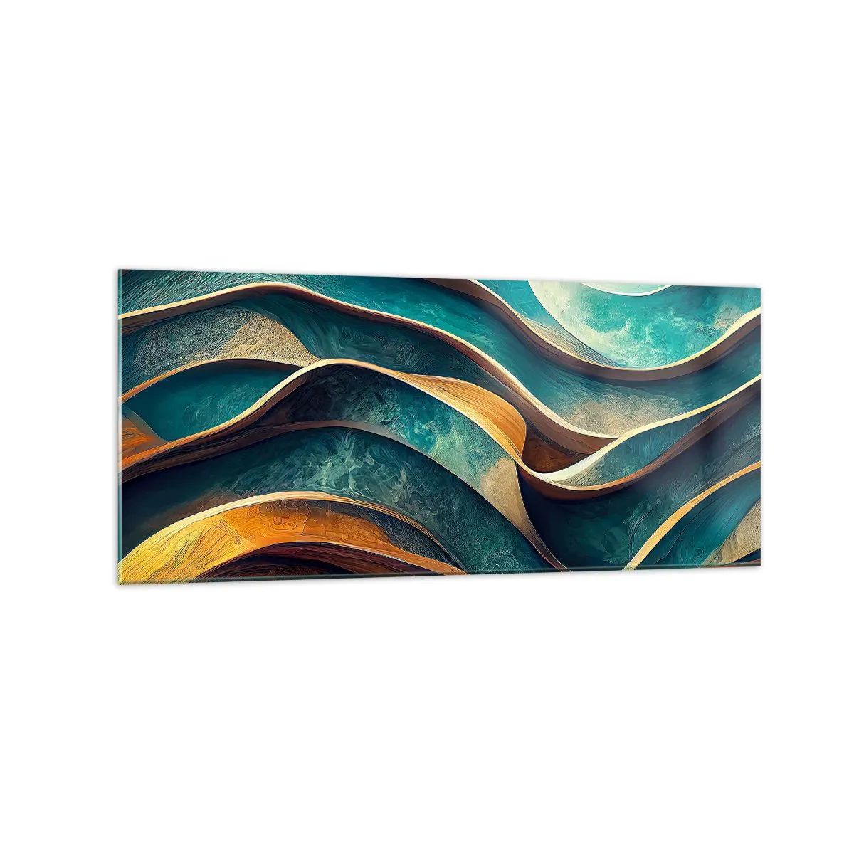 Cuadro sobre vidrio - Impresiones sobre Vidrio - Ondas abstractas en tonos turquesa y dorado - 120x50cm - Meandros de azul - Decoración de pared moderna para salón y dormitorio ARTTOR