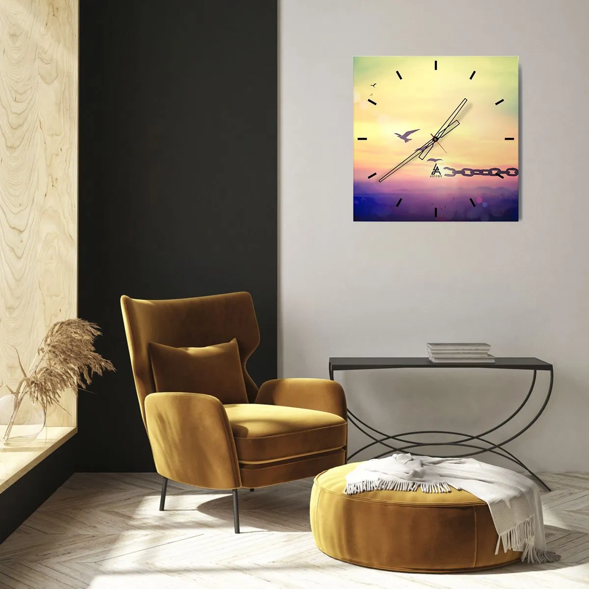 Reloj de pared - Reloj de vidrio - Símbolo de libertad con pájaros y una cadena rota. - 30x30cm - Victoria de la libertad - Decoración de pared moderna para salón y dormitorio ARTTOR