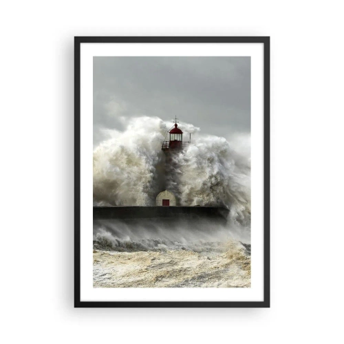 Póster en marco negro - Un faro rodeado de olas fuertes - 50x70cm - La furia del océano - Decoración de pared moderna para salón y dormitorio ARTTOR
