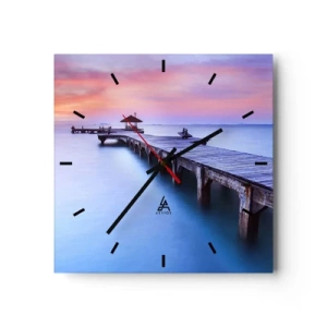 Reloj de pared - Reloj de vidrio - Muelle de madera que conduce al agua durante la puesta de sol. - 30x30cm - Un mar de calma hasta el horizonte - Decoración de pared moderna para salón y dormitorio ARTTOR