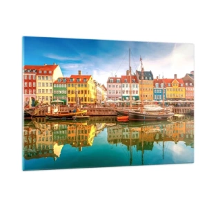 Cuadro sobre vidrio - Impresiones sobre Vidrio - Casas coloridas en el canal con reflejos en el agua. - 120x80cm - Sobre el agua tan suave como un espejo - Decoración de pared moderna para salón y dormitorio ARTTOR