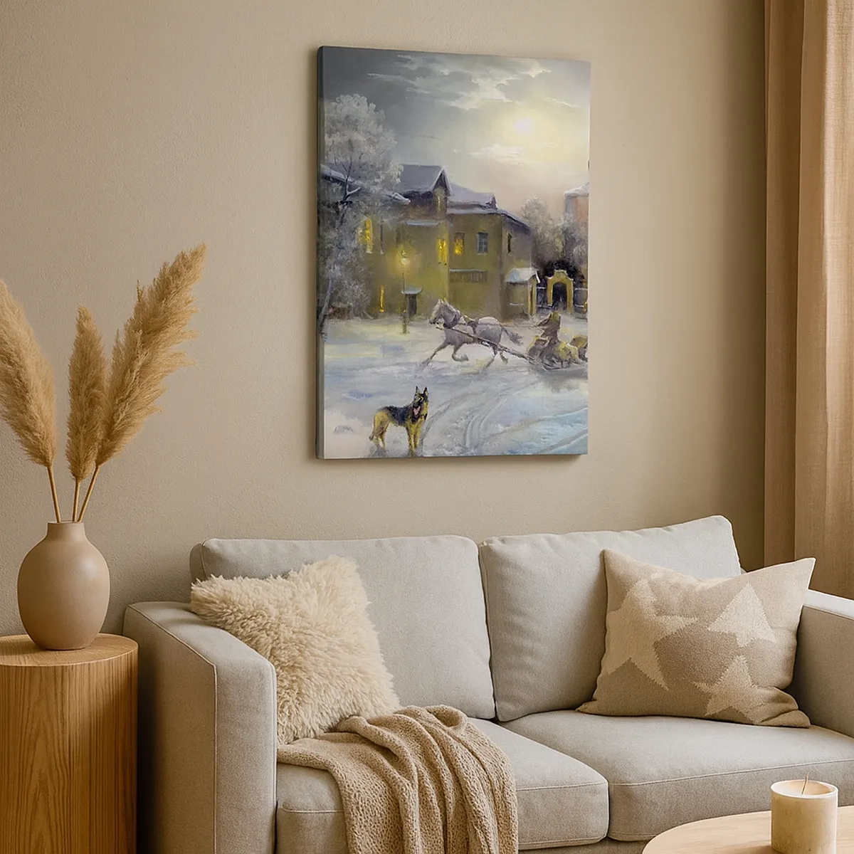 Cuadro sobre lienzo - Impresión de Imagen - Paisaje invernal en un pueblo ruso con un trineo y una iglesia. - 50x70cm - La magia de un invierno ruso - Decoración de pared moderna para salón y dormitorio ARTTOR