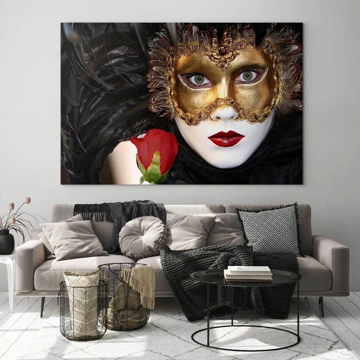 Cuadro sobre vidrio - Impresiones sobre Vidrio - Máscara de carnaval con una rosa roja - 120x80cm - Porque la vida es un gran baile - Decoración de pared moderna para salón y dormitorio ARTTOR
