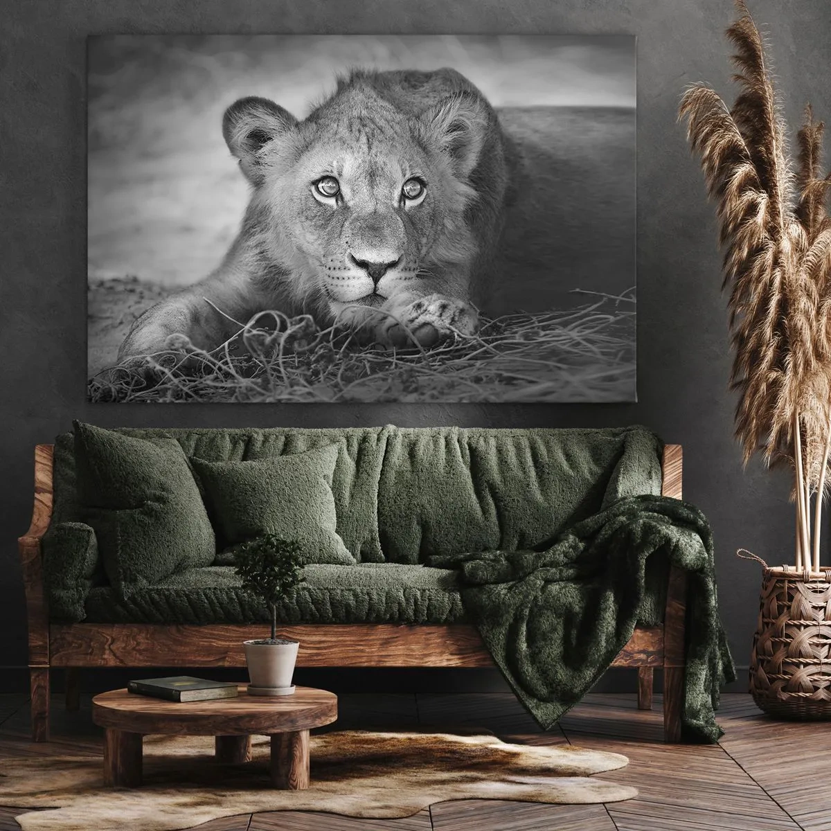 Cuadro sobre lienzo - Impresión de Imagen - Retrato monocromático de un león joven acostado - 70x50cm - Un cachorro real - Decoración de pared moderna para salón y dormitorio ARTTOR