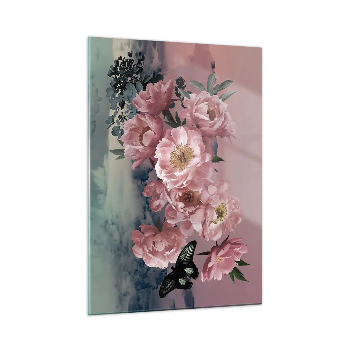 Cuadro sobre vidrio - Impresiones sobre Vidrio - Peonías rosas con una mariposa contra el cielo. - 50x70cm - La cúspide del romance - Decoración de pared moderna para salón y dormitorio ARTTOR