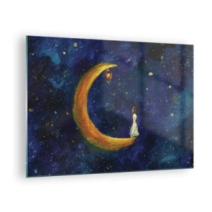 Cuadro sobre vidrio - Impresiones sobre Vidrio - Una figura en la luna en el cielo nocturno. - 70x50cm - La llamada de la Luna - Decoración de pared moderna para salón y dormitorio ARTTOR