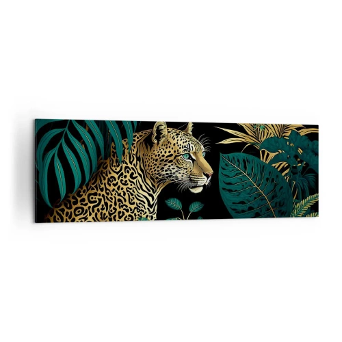 Cuadro sobre lienzo - Impresión de Imagen - Leopardo en hojas tropicales sobre un fondo negro - 160x50cm - El anfitrión en la jungla - Decoración de pared moderna para salón y dormitorio ARTTOR