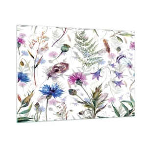 Cuadro sobre vidrio - Impresiones sobre Vidrio - Dibujos de flores silvestres y hojas sobre un fondo claro. - 100x70cm - Herbario polaco - Decoración de pared moderna para salón y dormitorio ARTTOR