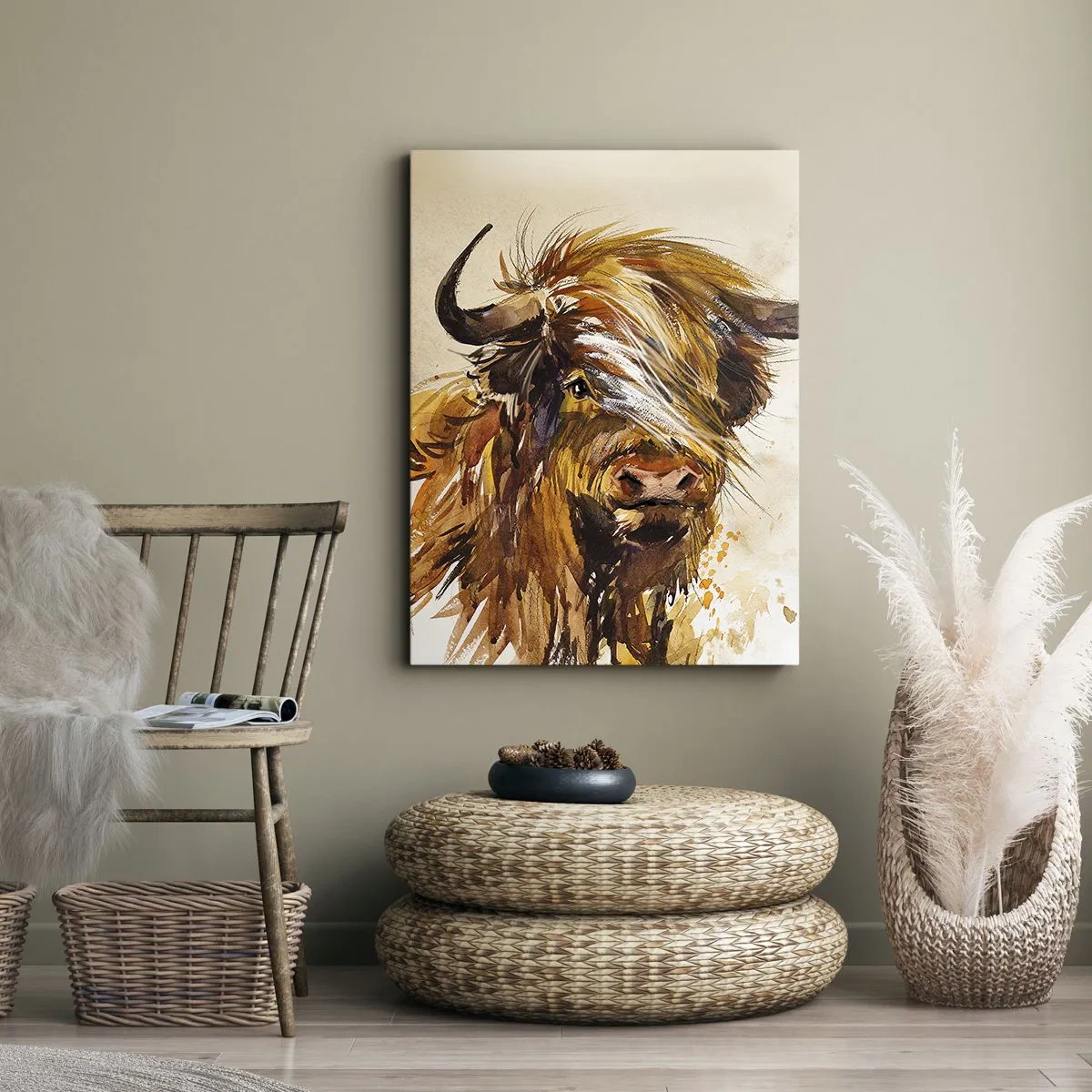 Cuadro sobre lienzo - Impresión de Imagen - Retrato de un toro en estilo artístico de acuarela. - 50x70cm - El orgullo del líder - Decoración de pared moderna para salón y dormitorio ARTTOR