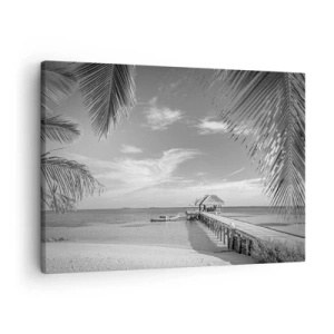 Cuadro sobre lienzo - Impresión de Imagen - Playa blanca y negra con muelle y palmeras en una costa tropical - 70x50cm - ¿Un recuerdo o un sueño? - Decoración de pared moderna para salón y dormitorio ARTTOR