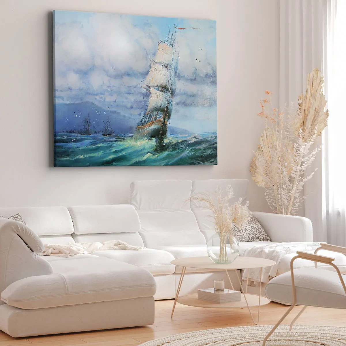 Cuadro sobre lienzo - Impresión de Imagen - Un barco en un mar tempestuoso - 120x80cm - Viento en popa - Decoración de pared moderna para salón y dormitorio ARTTOR