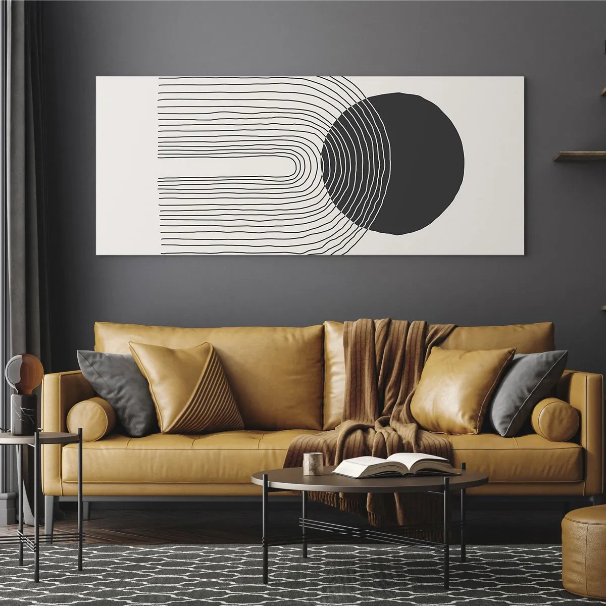 Cuadro sobre vidrio - Impresiones sobre Vidrio - Patrón abstracto con líneas y un círculo negro sobre un fondo claro - 120x50cm - Temblor y certeza - Decoración de pared moderna para salón y dormitorio ARTTOR